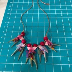 Vintage 80s Clay Parrot & Orchid Wood Bead Necklace on Pink Satin Cord